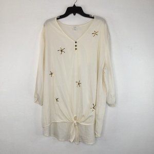 Coral Bay Blouse Women 3X Ivory Sequin Star Tie Front Tunic 3/4 Sleeve Pullover
